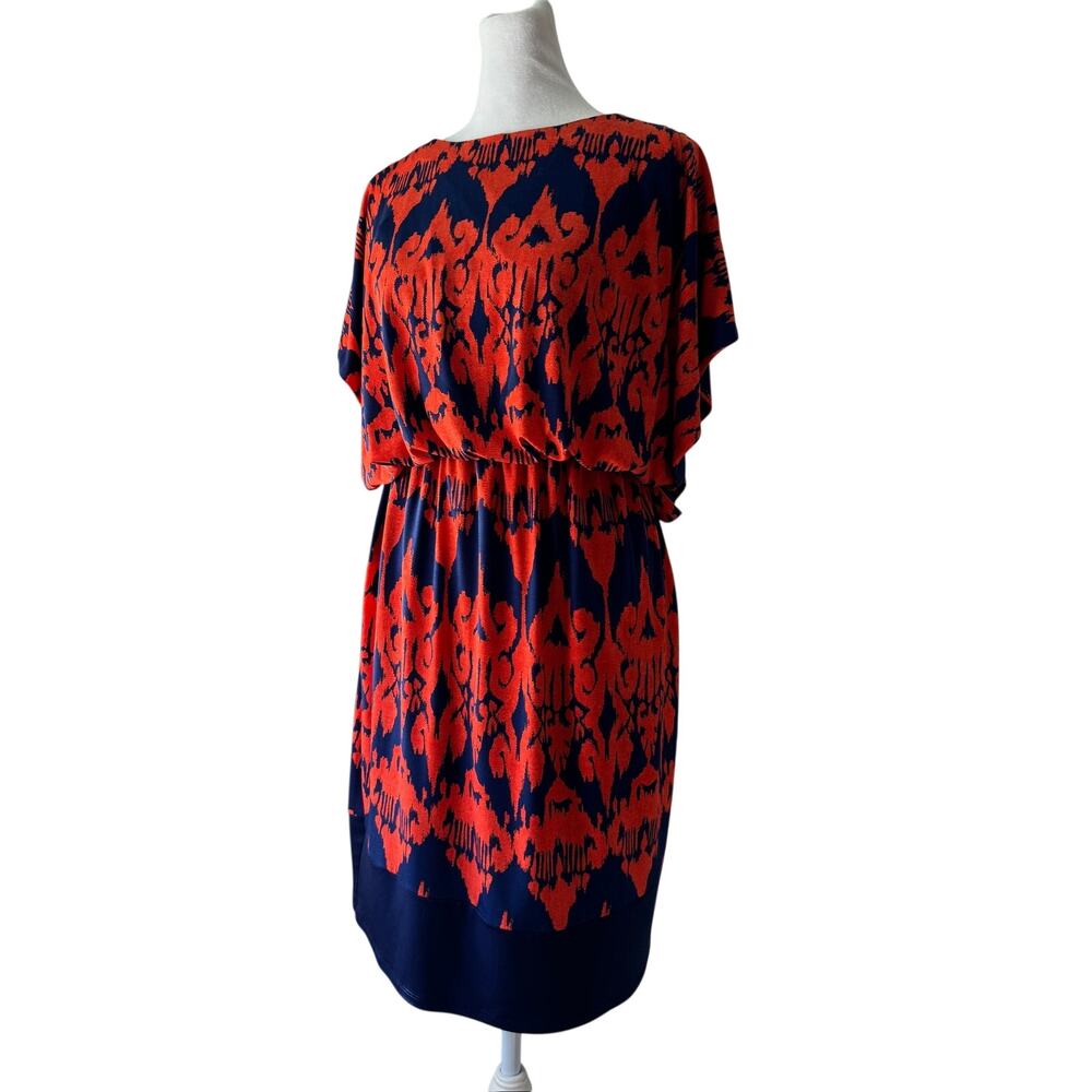 Sangria Orange & Navy Blue Batwing Sleeve Knee Length Dress